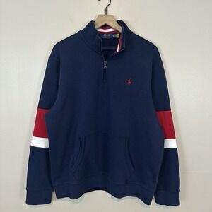 Polo Ralph Lauren Double Knit Mesh Red Blue 1/4 Zip Pullover Sweatshirt XL Read